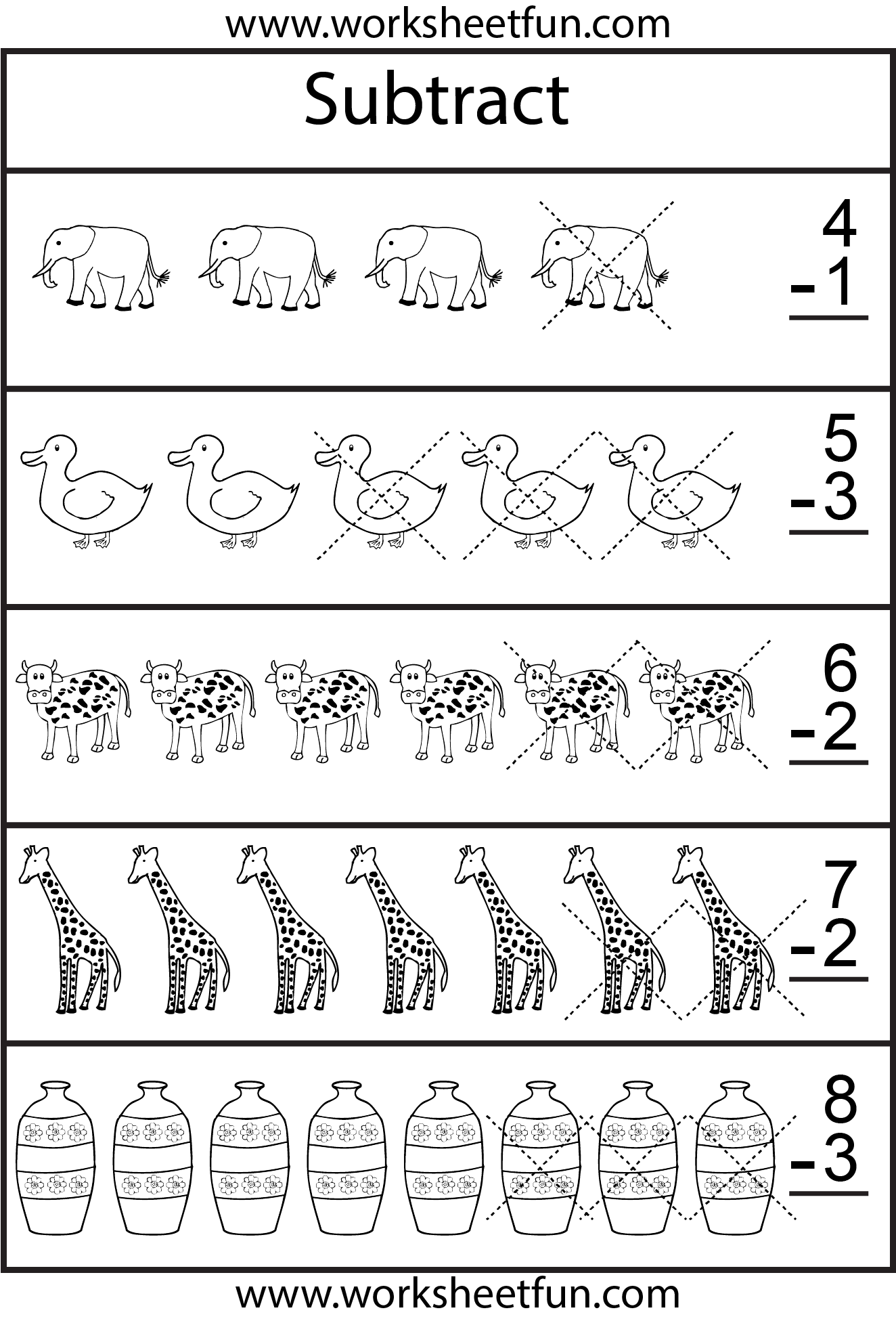 Picture Subtraction – 7 Kindergarten Subtraction Worksheets / FREE