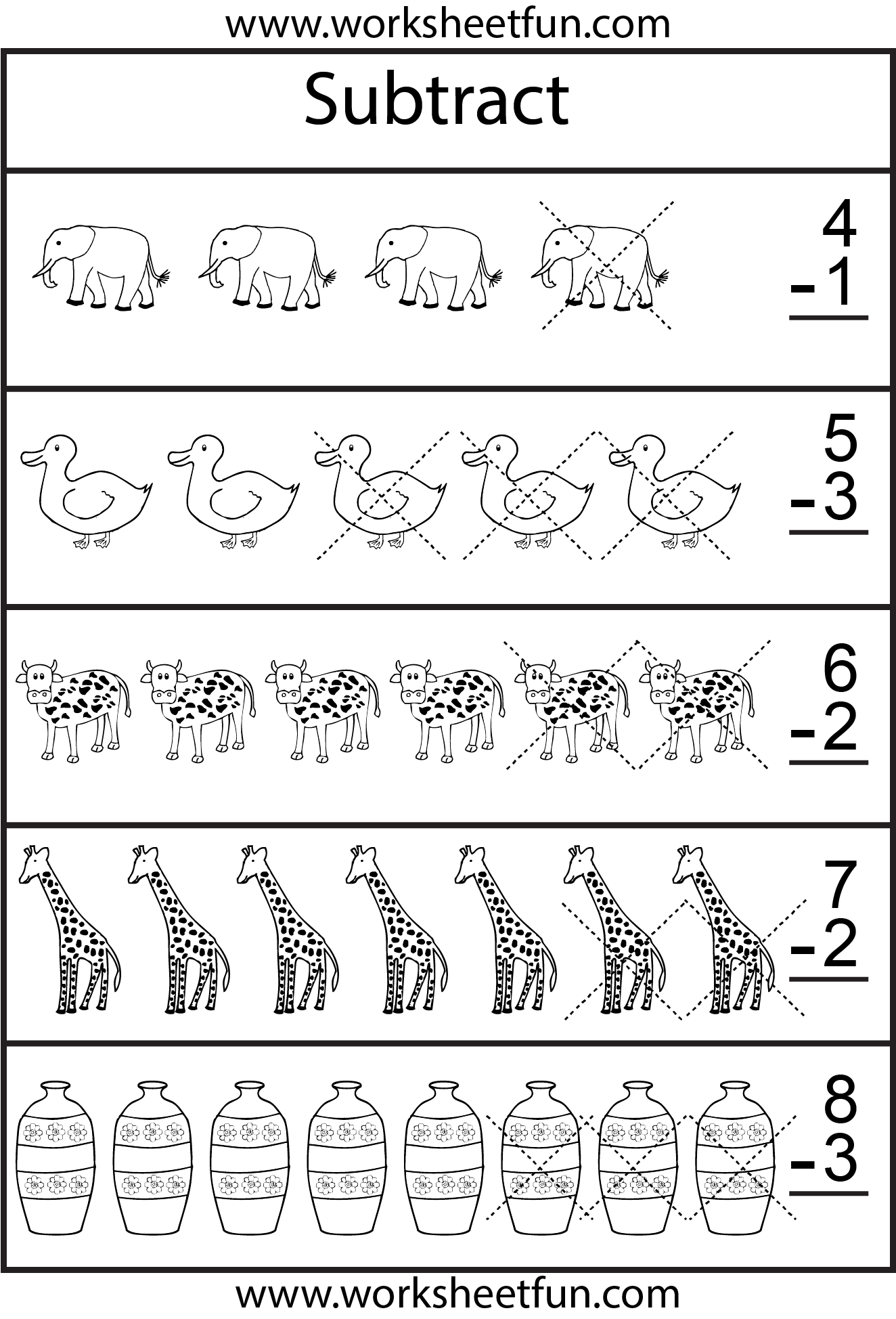 Picture Subtraction – 7 Kindergarten Subtraction Worksheets / FREE