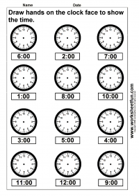 Time – Draw hands on the clock face – 4 Worksheets / FREE Printable