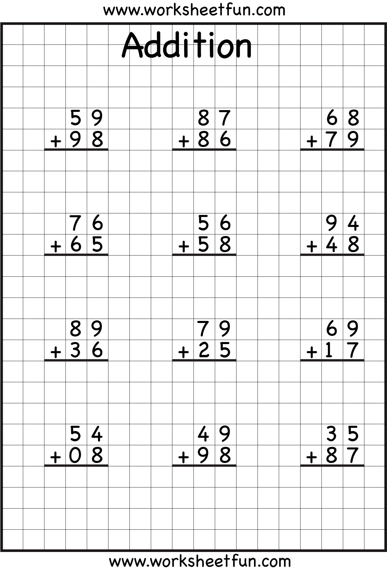 Two Digit Addition With Regrouping Worksheets Three Numbers