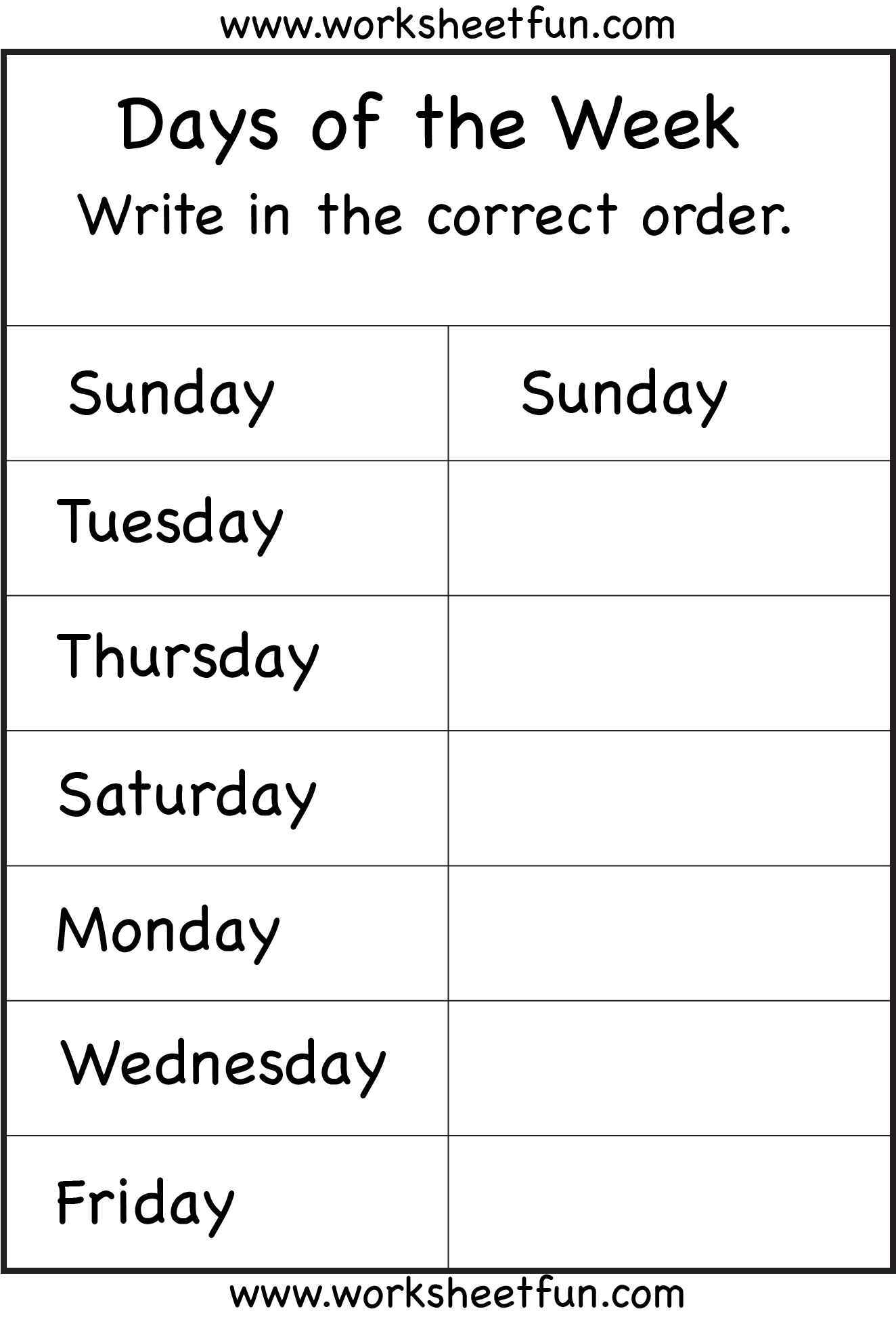 days of the week in order worksheets