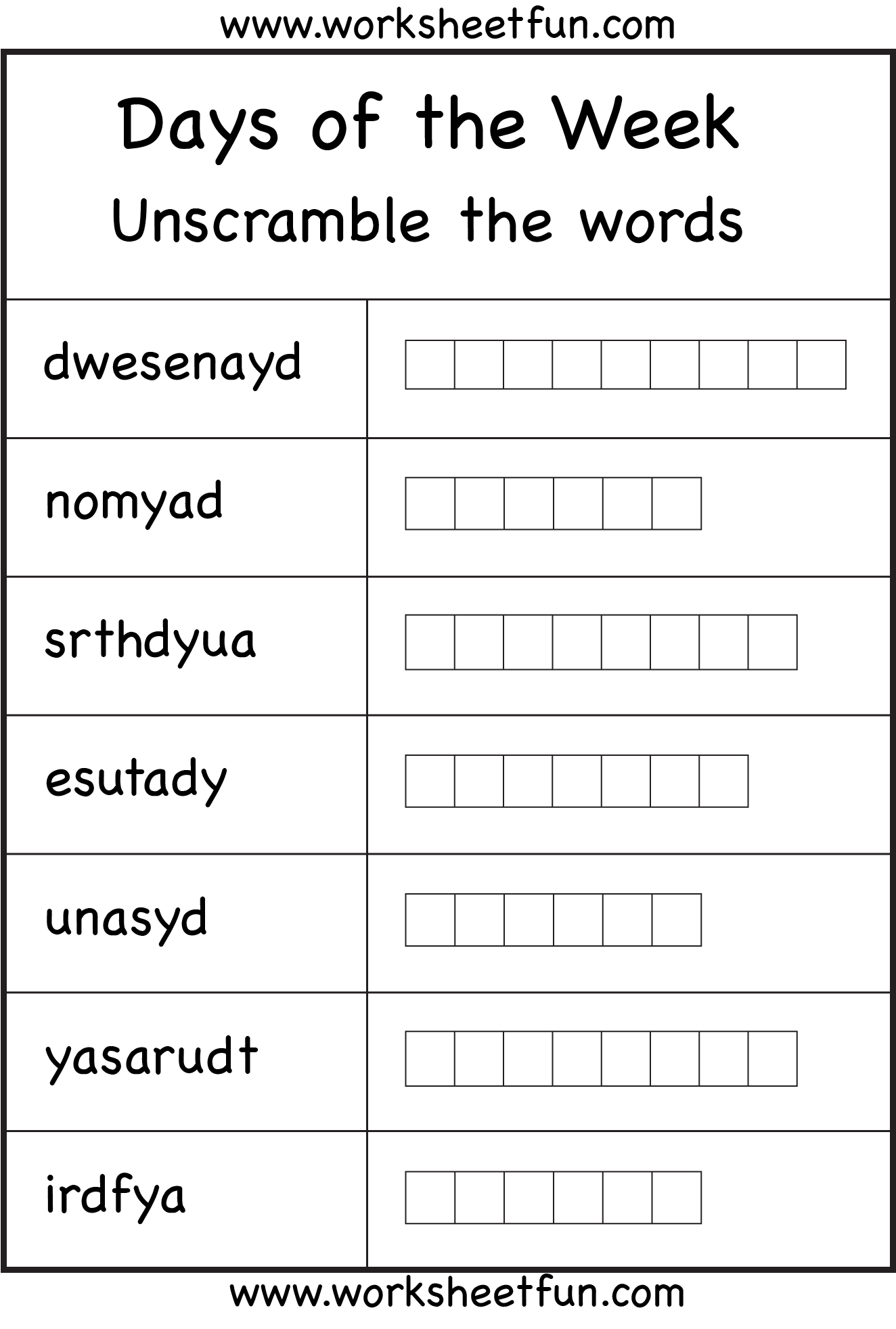 Days Of The Week Chart Free