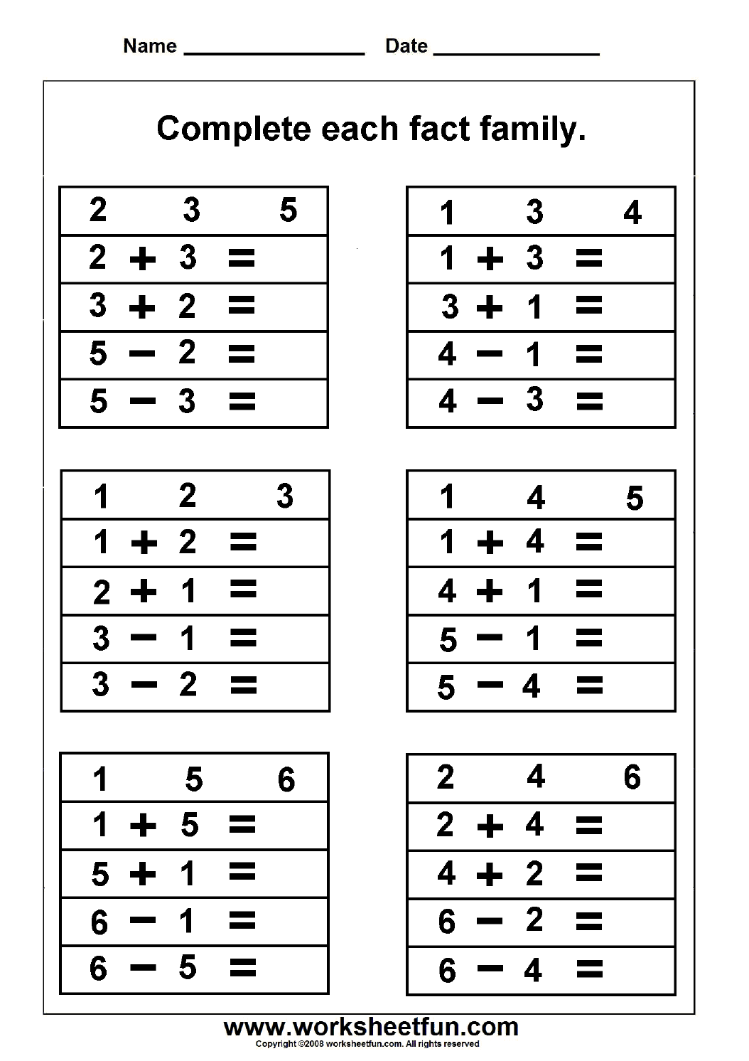 Fact Family Chart Printable