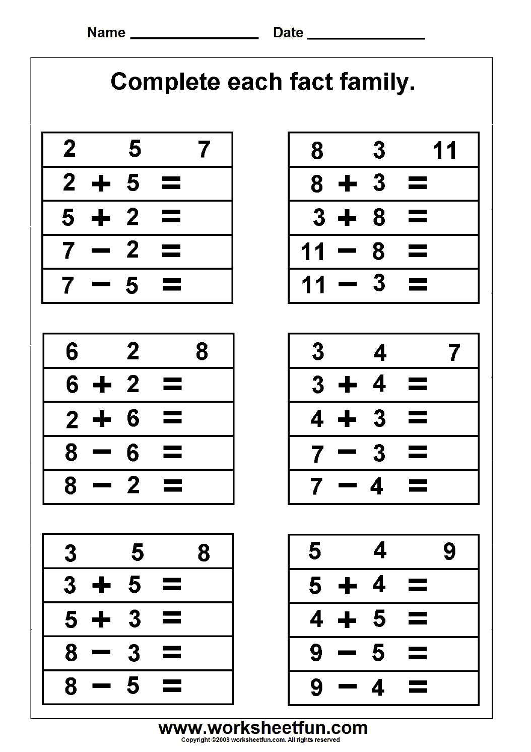 Fact Family Chart Printable