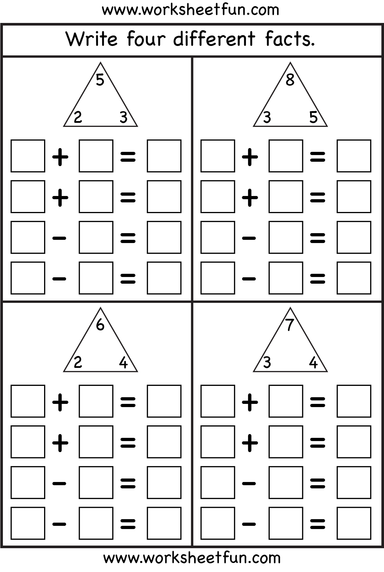 Fact Family – Complete each fact family – 4 Worksheets / FREE Printable