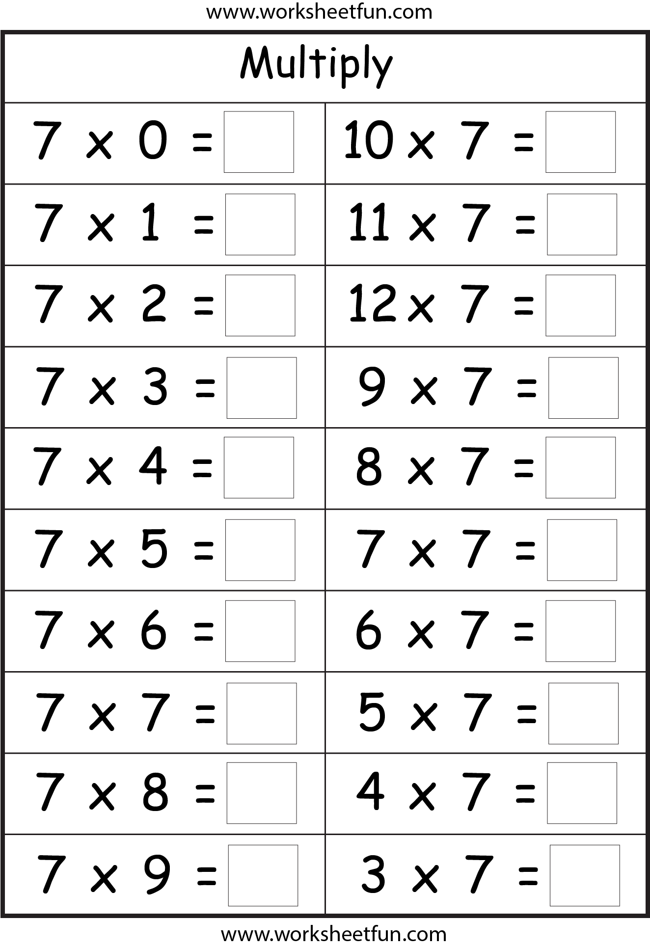 Multiplication Worksheets 7 S