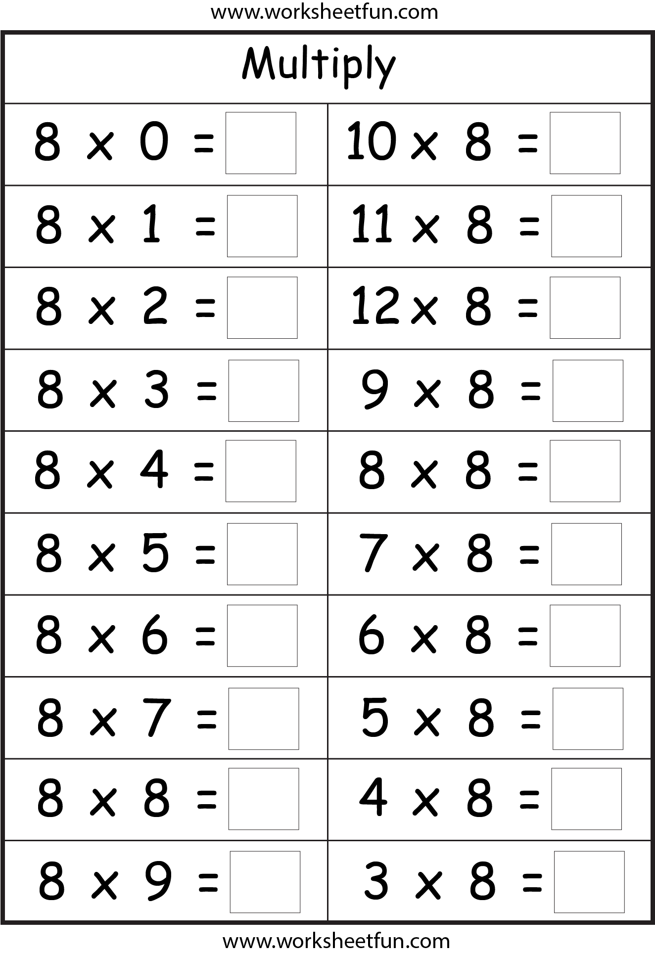 Multiplication By 8 Worksheets Printable