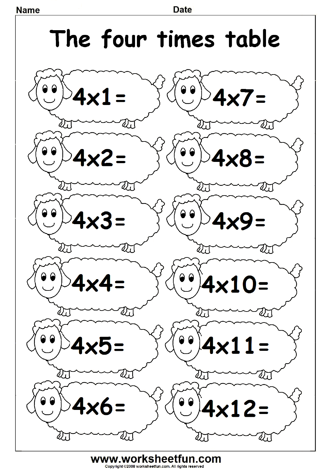 4 Times Table Multiplication Worksheets