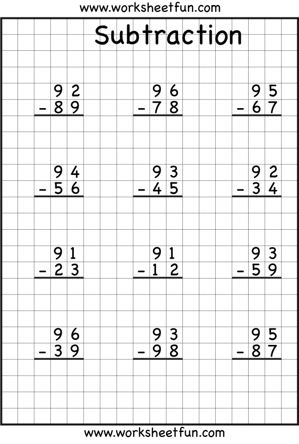 2 Digit Borrow Subtraction – Regrouping – 4 Worksheets / FREE Printable