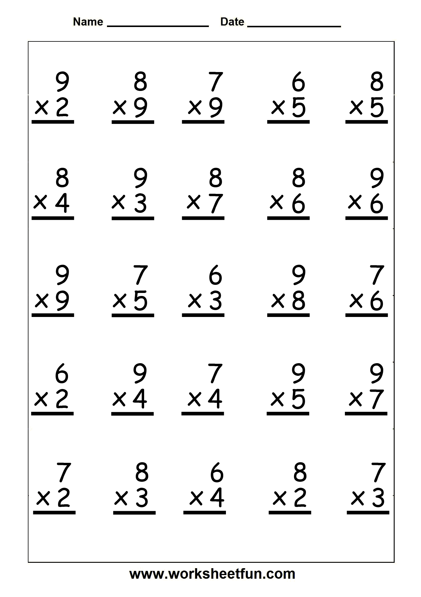 Single Digit Multiplication 25 problems On Each worksheet Three Worksheets FREE Printable 