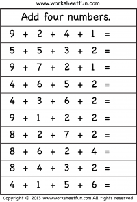 Add four numbers – 4 Worksheets / FREE Printable Worksheets – Worksheetfun