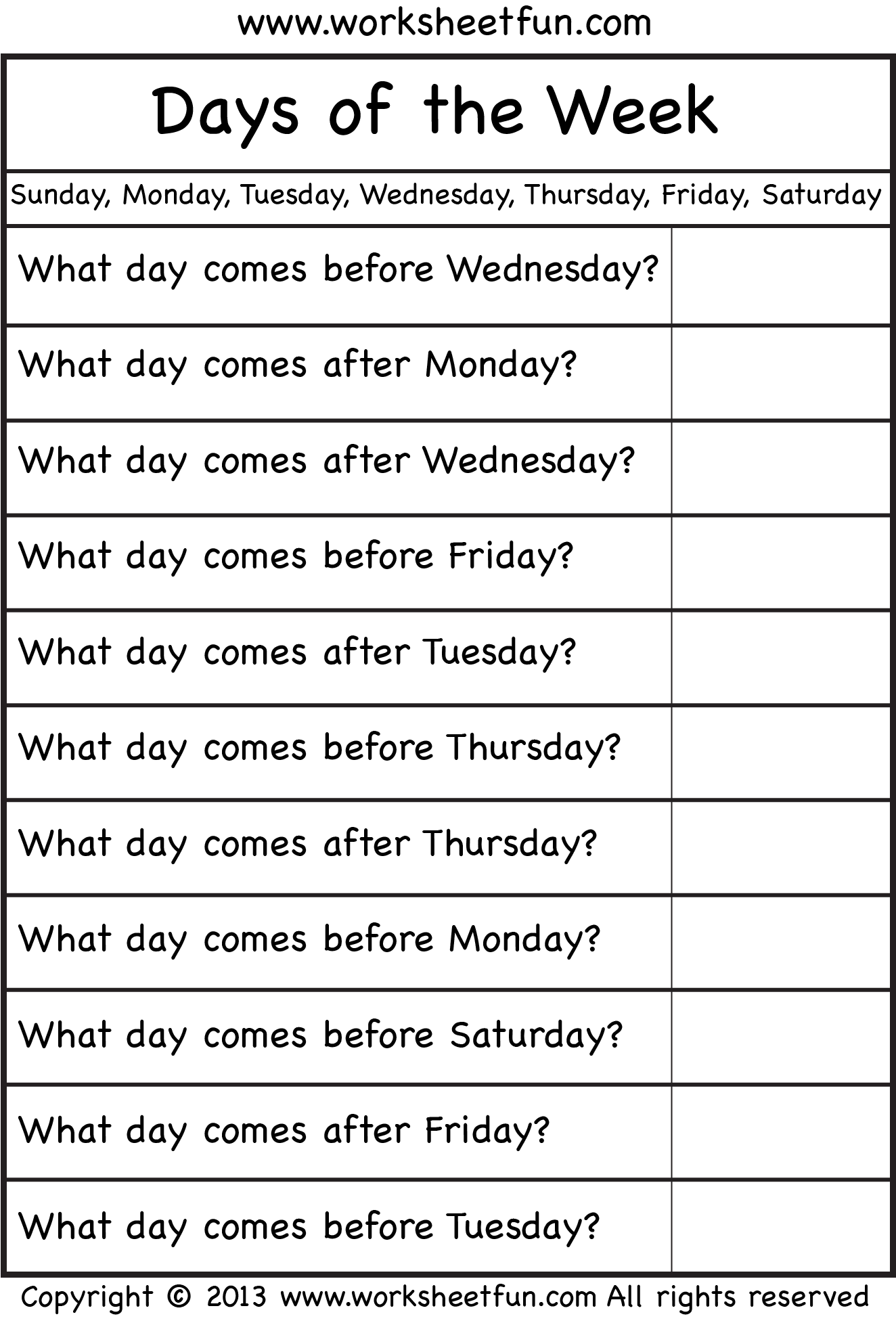Days of the Week – Worksheet / FREE Printable Worksheets – Worksheetfun