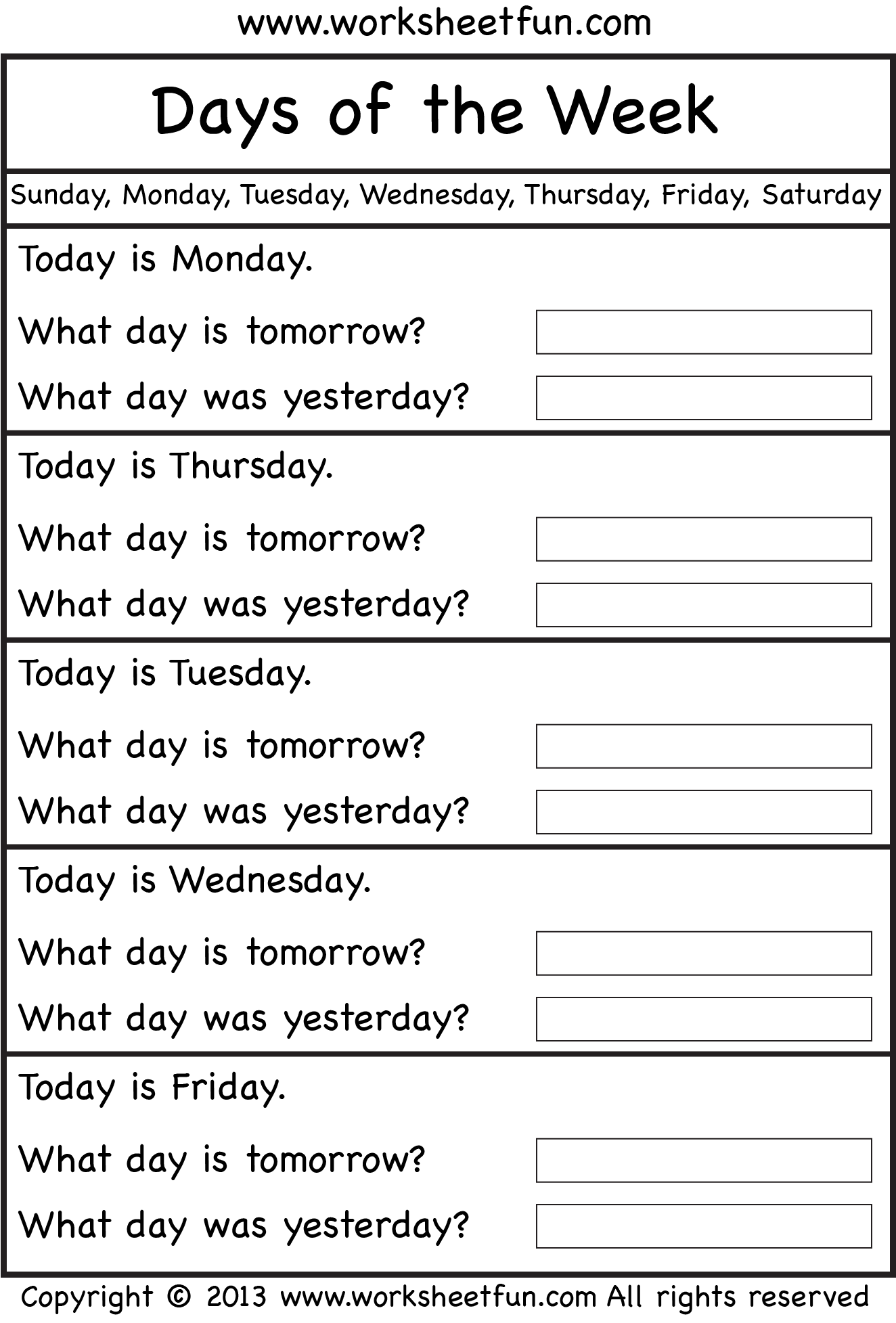 Days of the Week – Worksheet / FREE Printable Worksheets – Worksheetfun