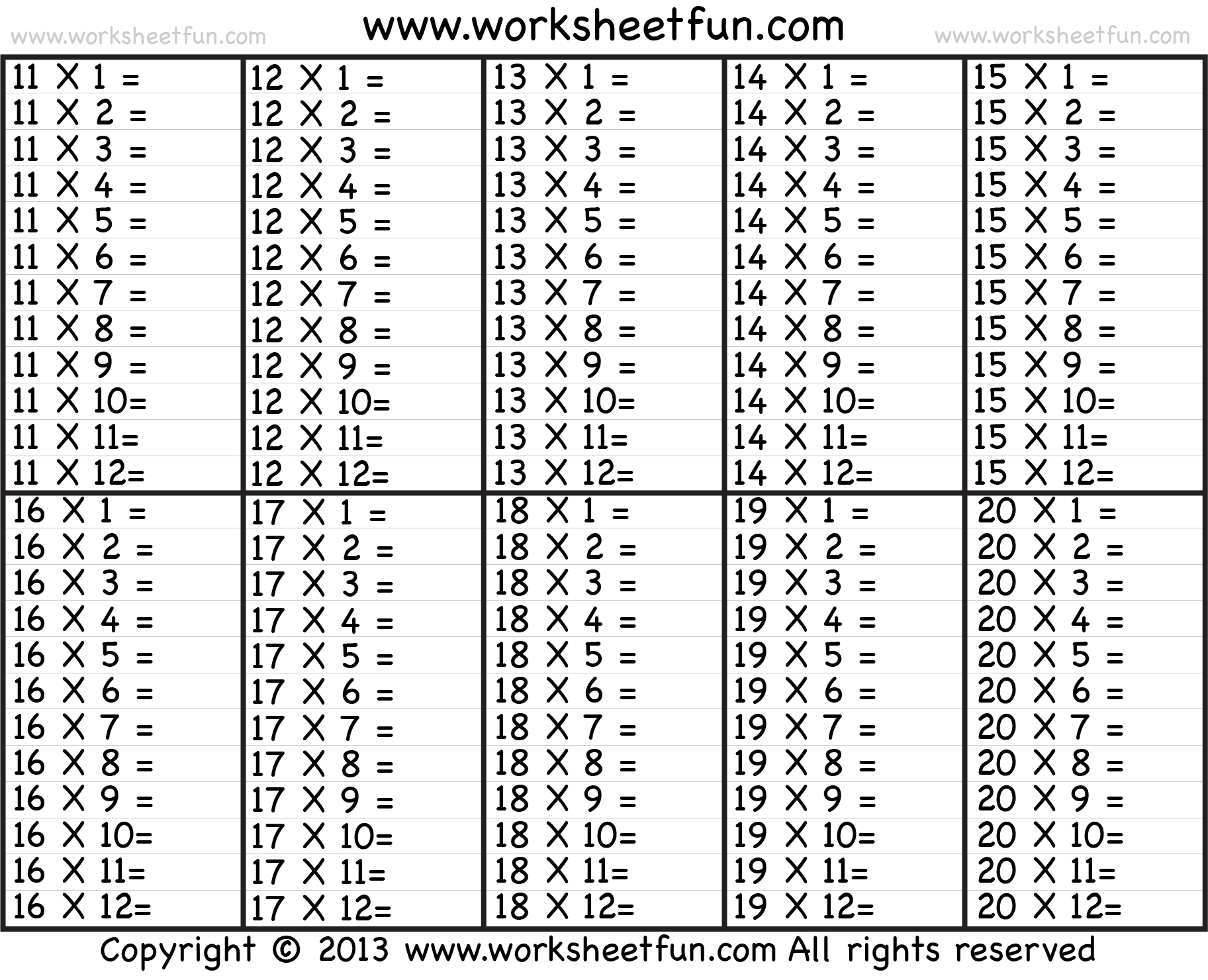 multiplication times tables 1 12 worksheet