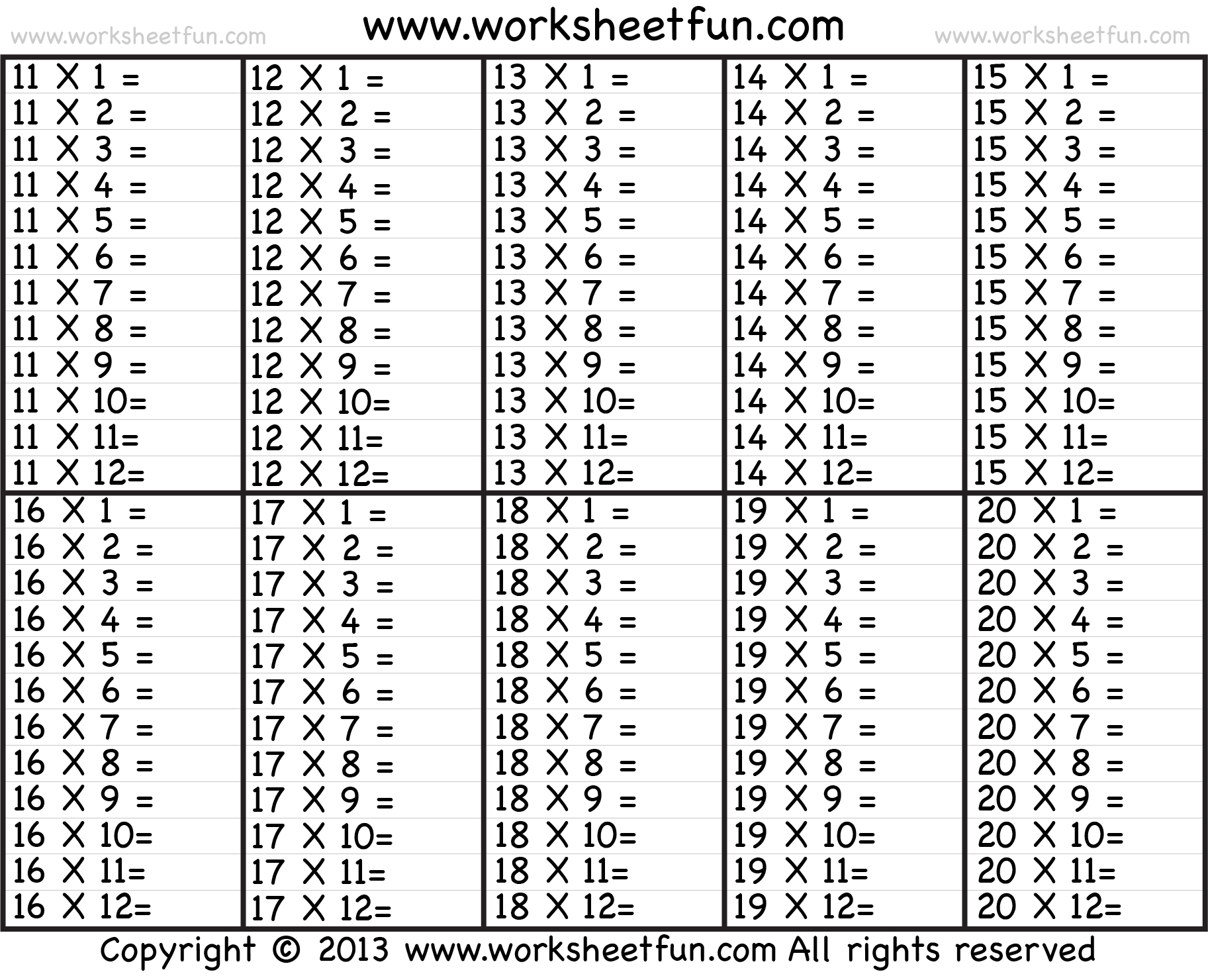 Times Table Chart Up To 20 Printable