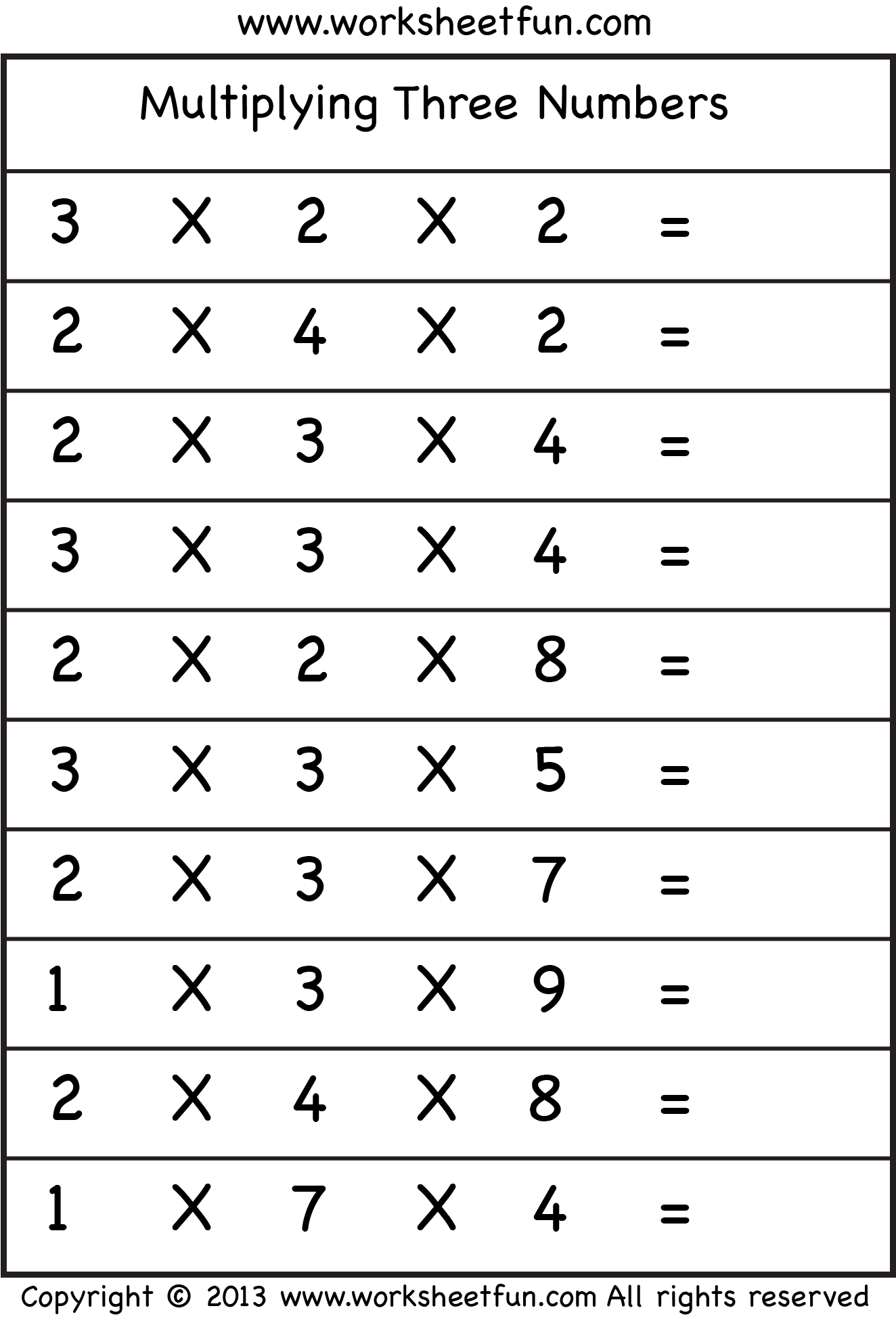 Multiplying Three Single Digit Numbers Worksheet