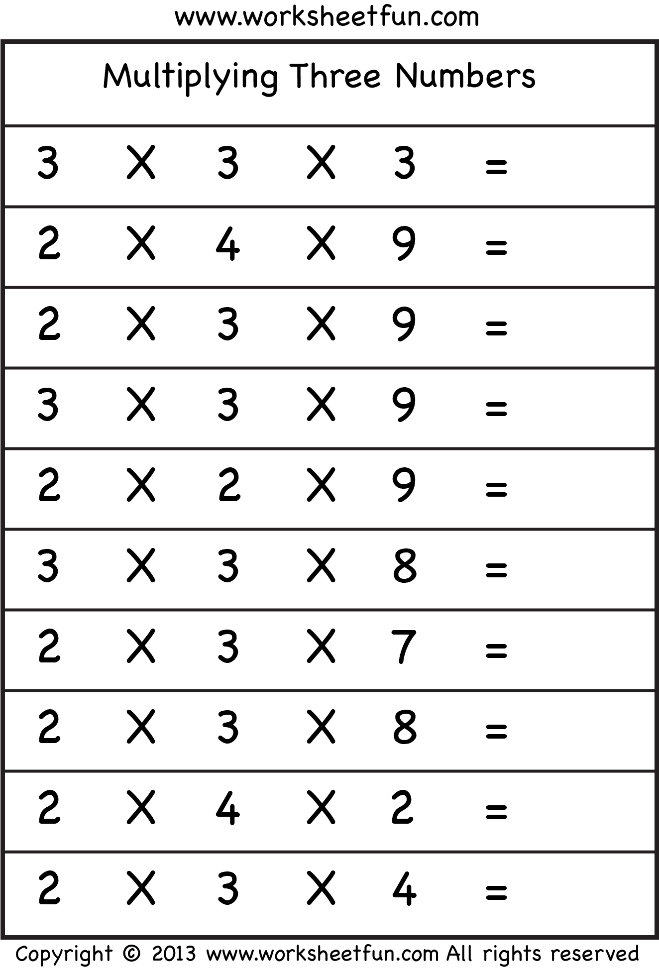 Multiplying 3 Numbers – Three Worksheets / FREE Printable Worksheets