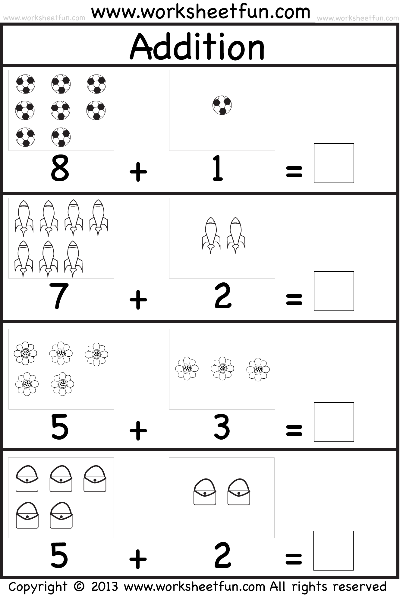 Free addition worksheets for kindergarten PDF