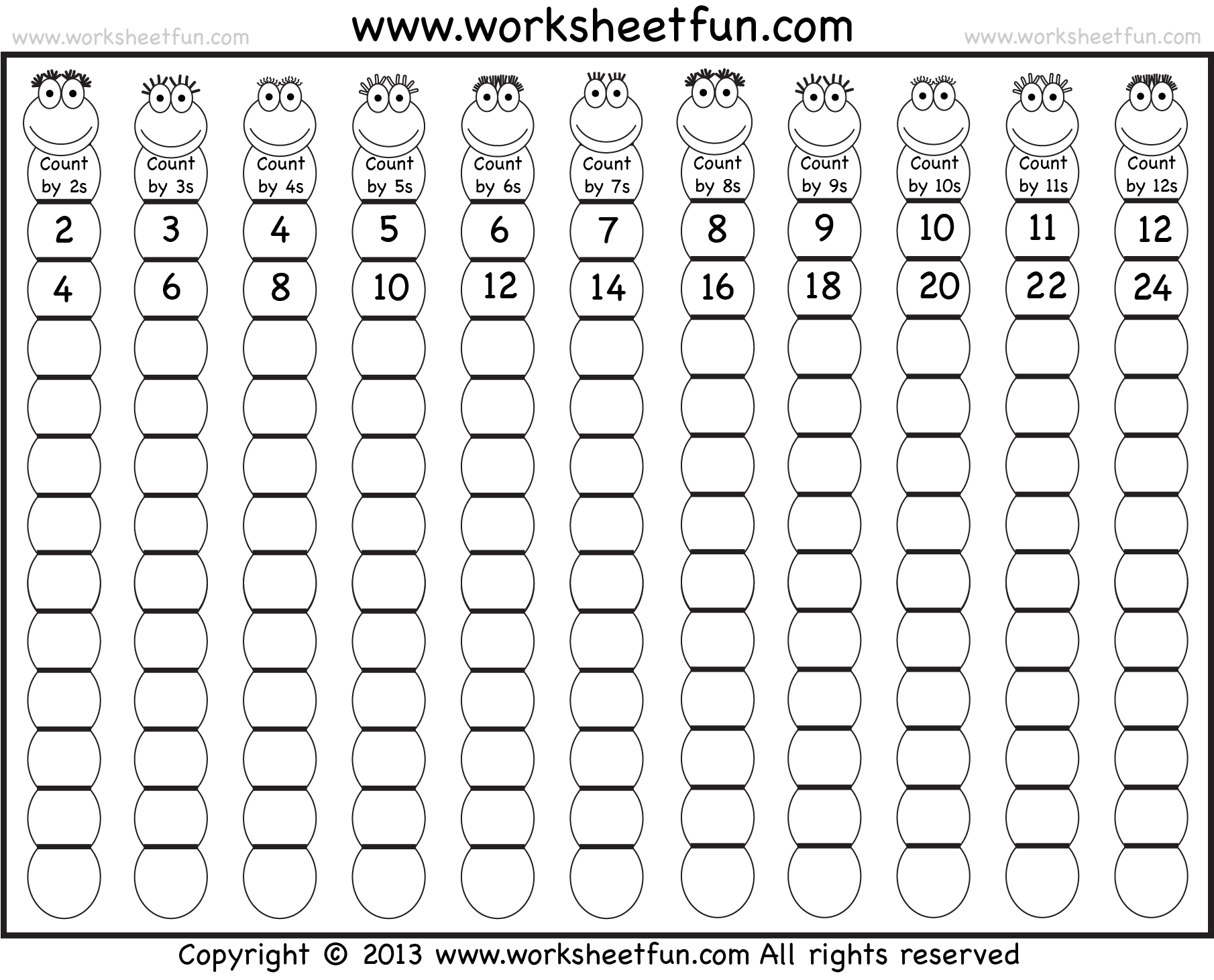 Skip Counting by 2, 3, 4, 5, 6, 7, 8, 9, 10, 11 and 12 Two Worksheets