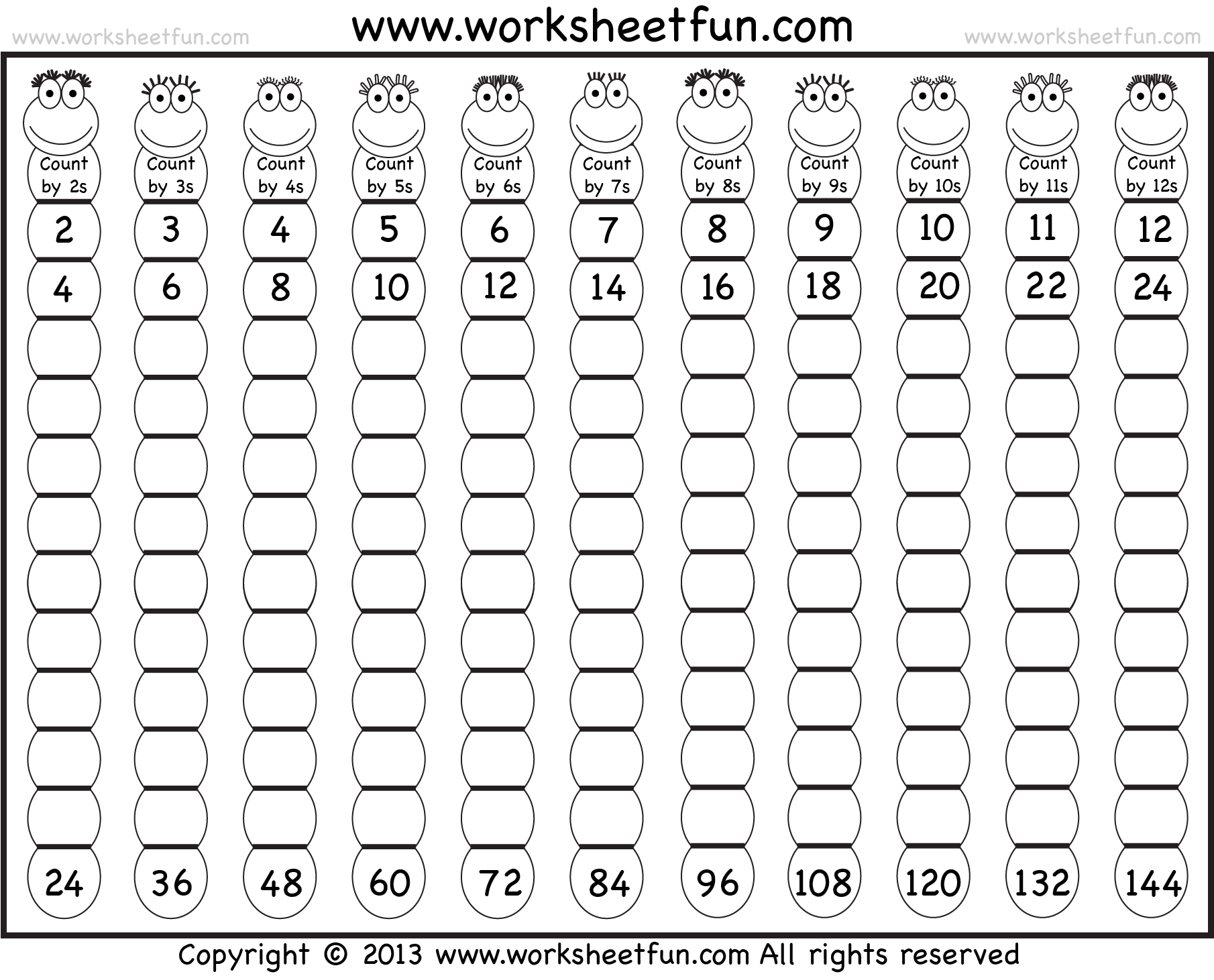 Skip Counting by 2, 3, 4, 5, 6, 7, 8, 9, 10, 11 and 12 – Two Worksheets