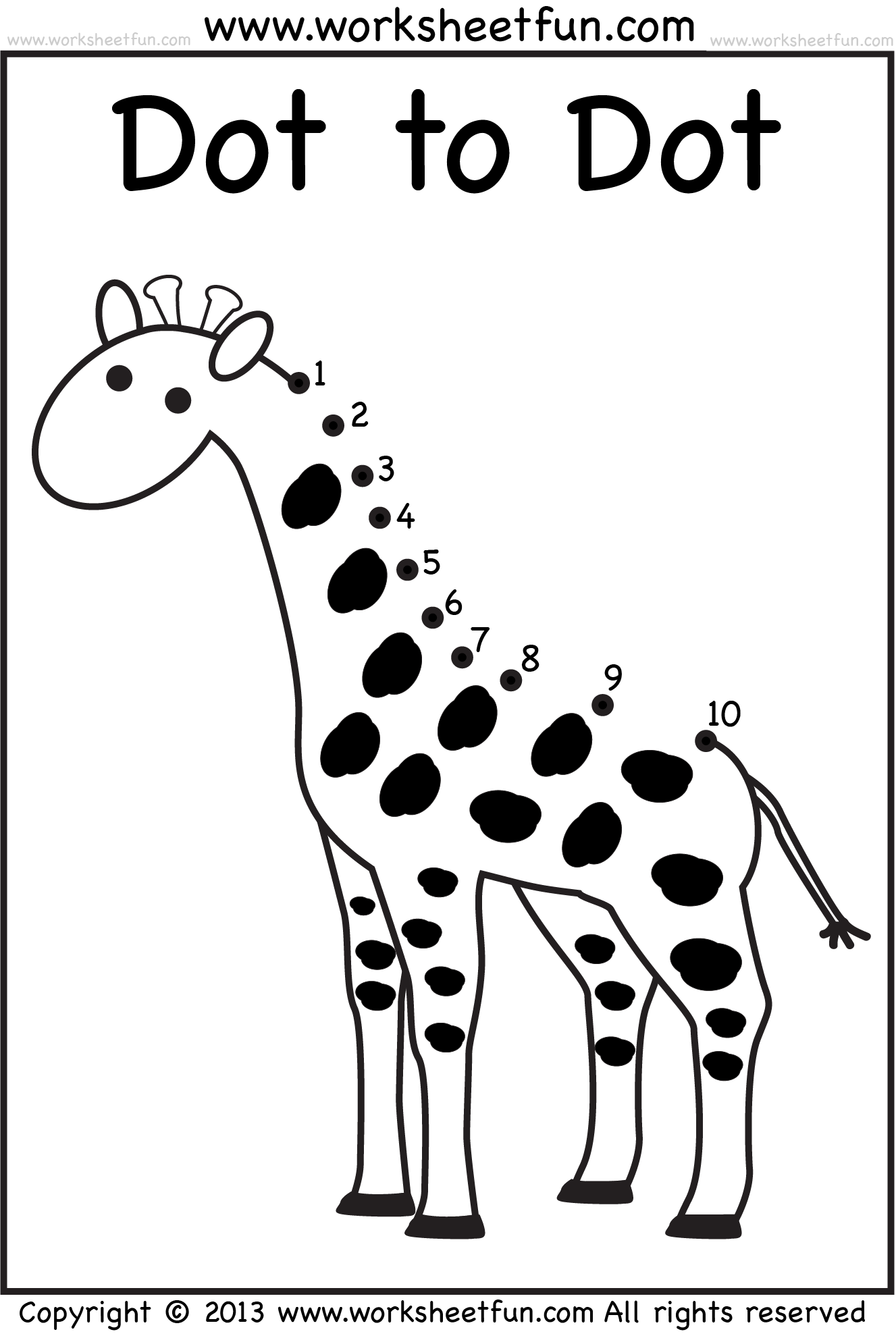 Dot to Dot – Numbers 1-10 – Eight Worksheets – Banana, Giraffe