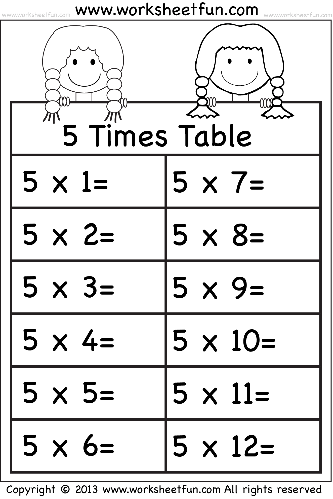 Times Tables Worksheets 2, 3, 4, 5, 6, 7, 8, 9, 10, 11 and 12