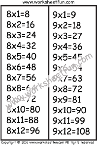 times table chart 8 & 9