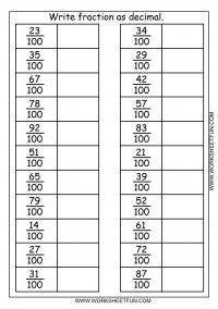 Write fraction as decimal – 3 Worksheets