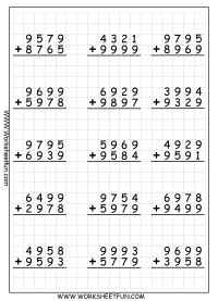 4 Digit Addition With Regrouping - Carrying - 9 Worksheets