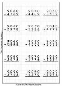 4 Digit Subtraction With Regrouping – Borrowing – 9 Worksheets