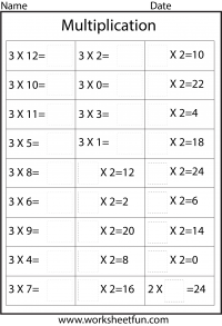 Multiplication Facts -2,3,4,5,6,7,8,9 & 12 – Nine Worksheets