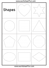 Preschool Shapes -Heart, Star, Circle, Square, Triangle, Pentagon, Hexagon, Octagon, Oval, Rectangle and Diamond – Tracing – Four Worksheets