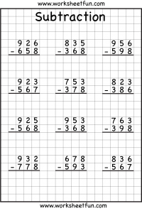 3 Digit Borrow Subtraction – Regrouping – 5 Worksheets