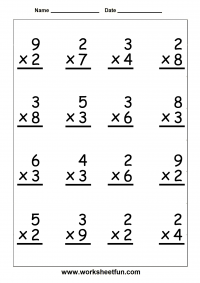 Single Digit Multiplication – 16 problems on each worksheet – Five Worksheets