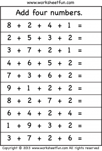 Add four numbers – 4 Worksheets