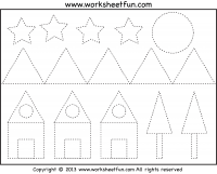 Picture Tracing - Moon, Star, Tree, House - Shapes - Circle, Star, Triangle, Square and Rectangle - One Worksheet