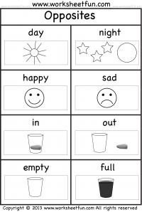 Opposites – One Worksheet – day, night, happy, sad, in, out, empty, full