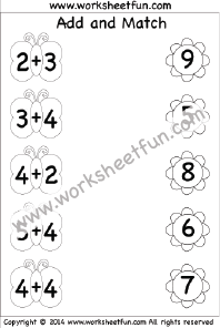 Kindergarten Addition Worksheets – Add and Match – Basic Addition Facts – 3 Worksheets