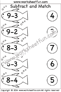 Kindergarten Subtraction Worksheets - Subtract and Match -  3 Worksheets