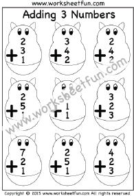 Adding 3 Numbers – Five Worksheets
