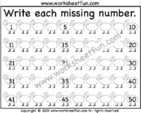 Missing Numbers – 1-50 – Three Worksheets
