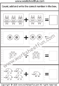 Picture Addition – Sums up to 5 – Four Worksheets