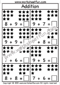 Addition Worksheet - Sums up to 20 - Three worksheets