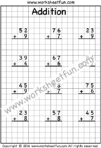 Addition -  1 digit number to a 2 digit number with regrouping - Six Worksheets
