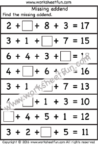 Missing Addend – Sums Within 20 – One Worksheet