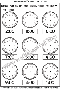 Time – Draw hands on the clock face – 3 Worksheets