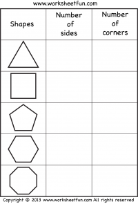 Sides and Corners – Polygons –  Triangle, Square, Pentagon, Hexagon, Octagon – Number of sides – Number of corners – 1 Worksheet