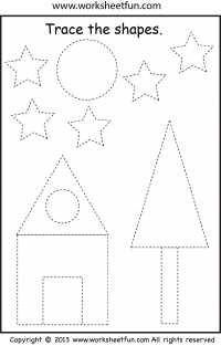 Picture Tracing – Moon, Star, Tree, House – Shapes – Circle, Star, Triangle, Square & Rectangle – One Worksheet
