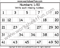 Missing Numbers – 1-50 – Six Worksheets