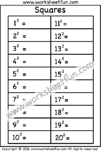 Squares – 1-20 – Worksheet